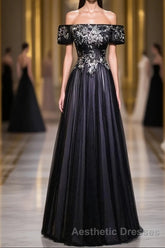 Beauty Off The Shoulder Floor Length Lace Up Long Black Evening Prom Dresses With Appliques